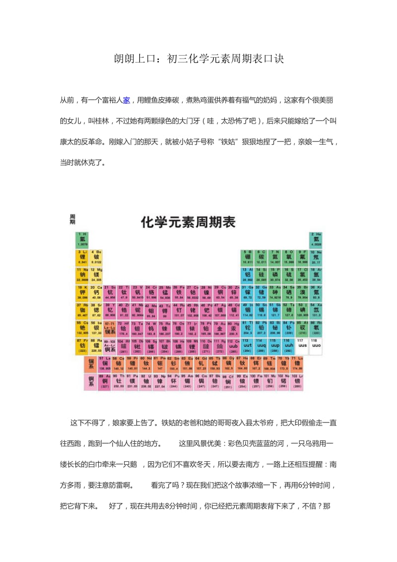 朗朗上口：初三化学元素周期表口诀.doc_第1页