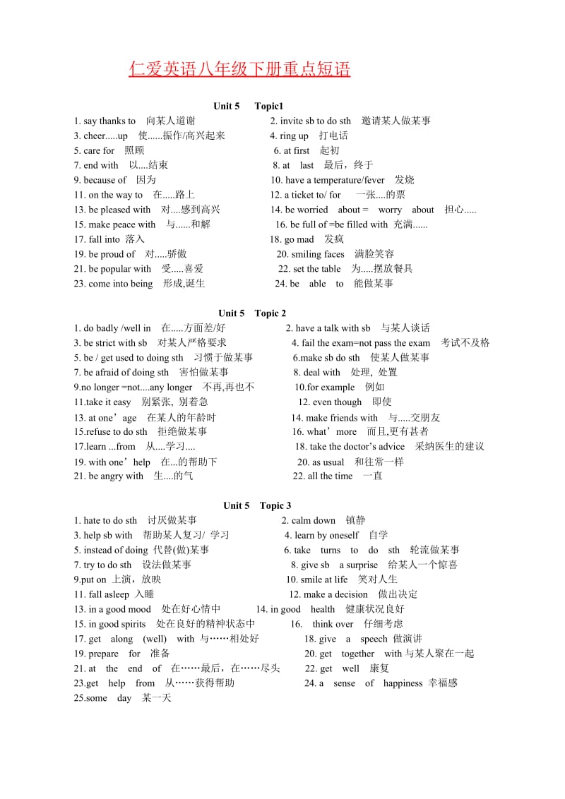 仁爱英语八年级下册词组归纳.doc_第1页