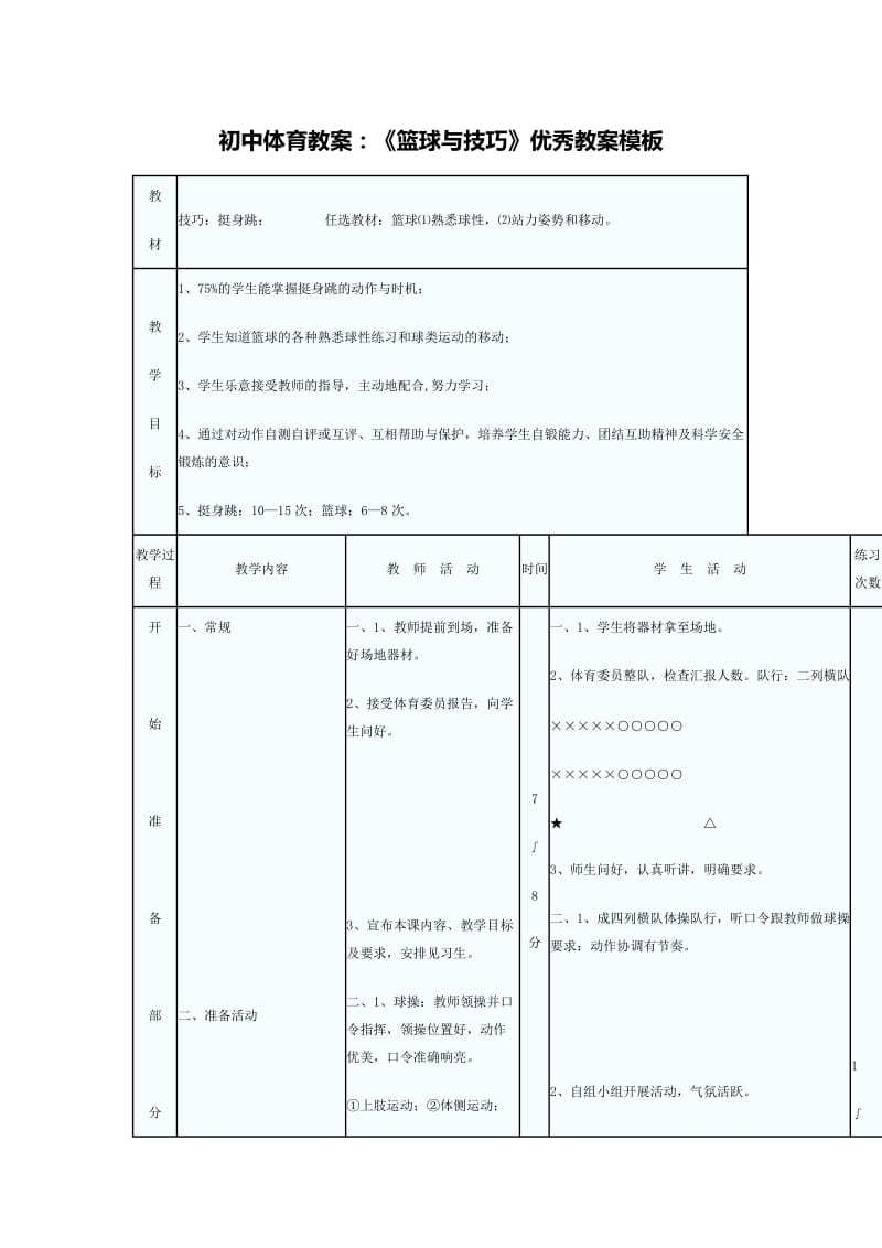 初中体育教案：《篮球与技巧》优秀教案模板.doc_第1页