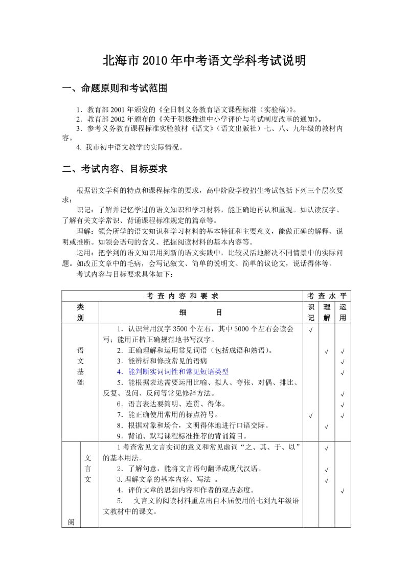 北海市2010年中考语文学科考试说明-北海市教育局.doc_第1页