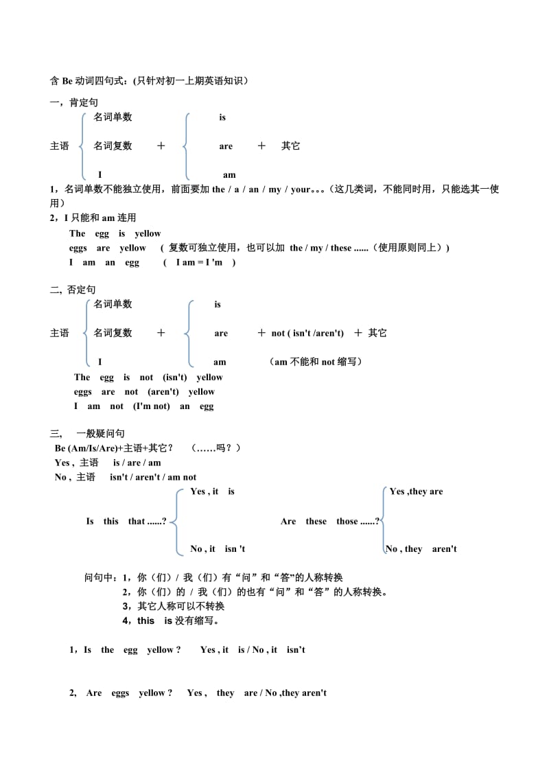 含Be动词四句式(只针对初一上期的内容).doc_第1页