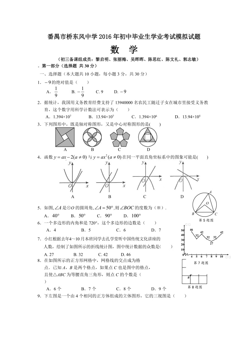 番禺市桥东风中学2016年初中毕业生学业考试模拟试题.doc_第1页