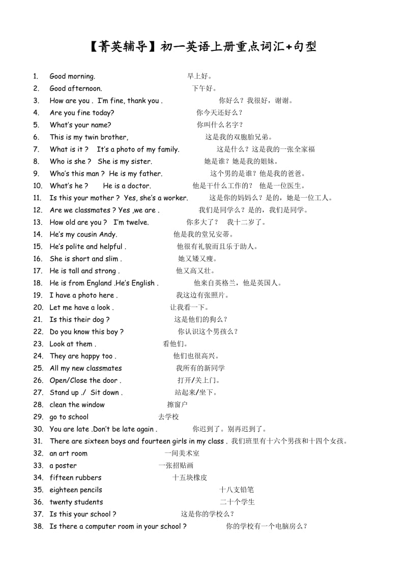 初一英语重点词汇句型菁英辅导.doc_第1页