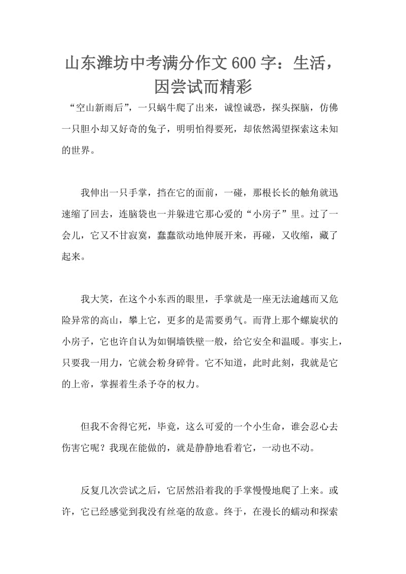 山东潍坊中考满分作文600字：生活,因尝试而精彩.docx_第1页