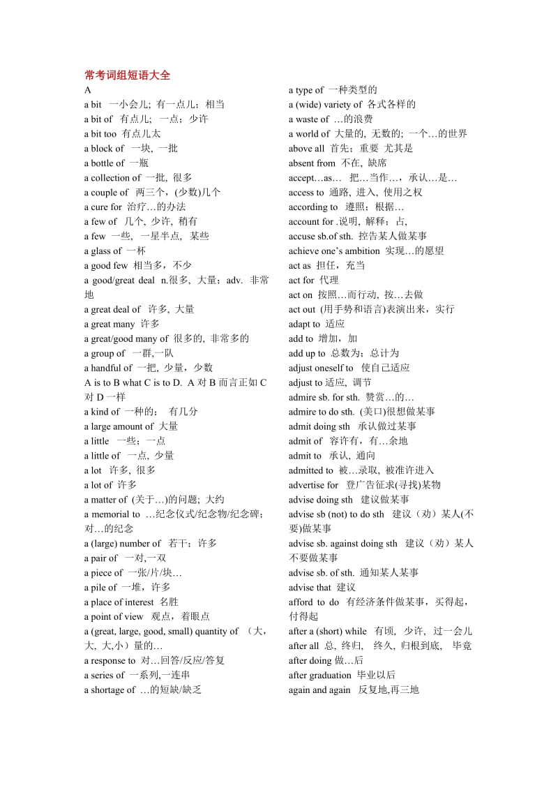 高中英语会考常考词组短语大全.doc_第1页