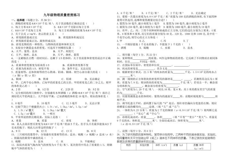 九年级物理质量密度练习.doc_第1页