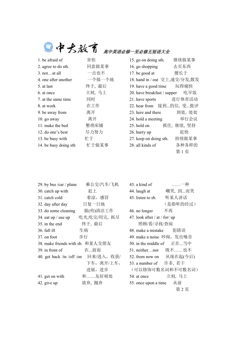 高中英语必修一至必修五短语大全(打印).doc_第1页