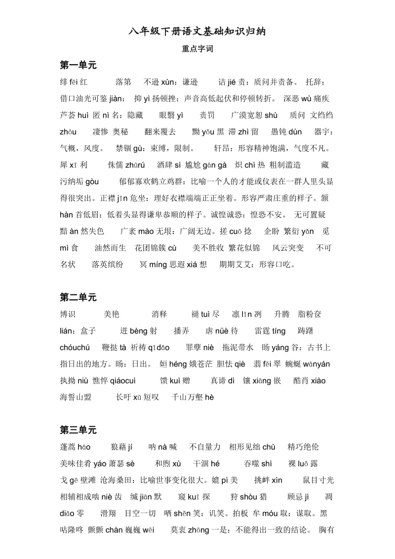 八年级下册语文基础知识归纳及古文专项训练.doc_第1页