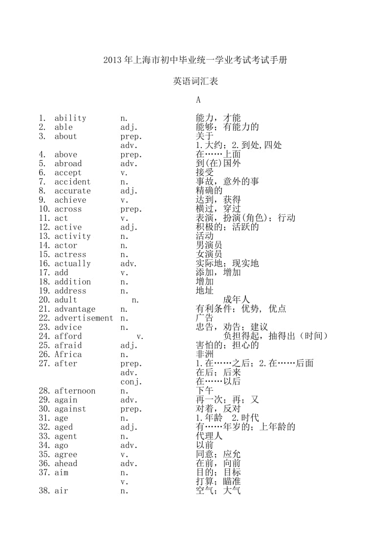 暑假作业-2013年上海初中毕业统一学业考试考试手册英语词汇表.doc_第1页