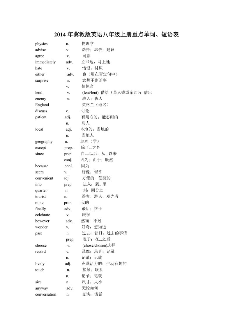 冀教版八年级上册重点单词短语.doc_第1页