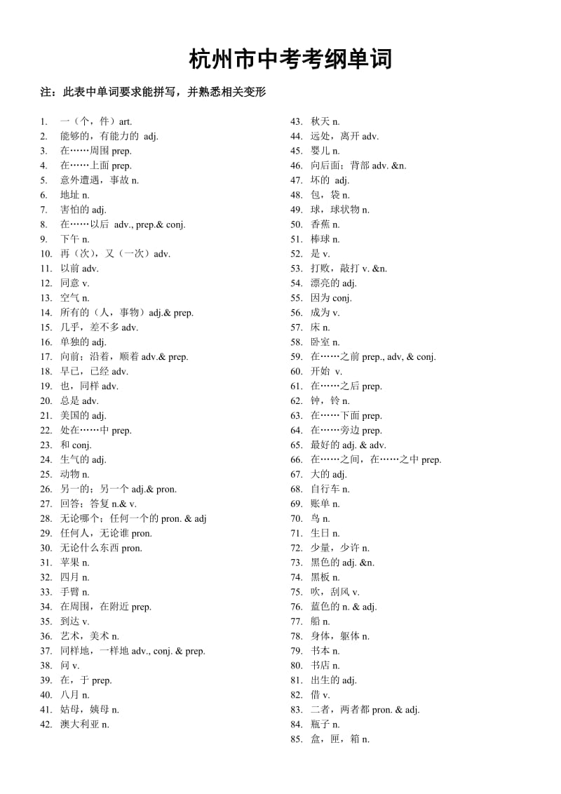 杭州市中考英语单词中文.doc_第1页