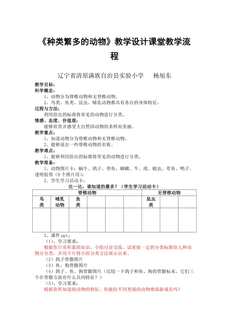 《种类繁多的动物》教学设计课堂教学流程.doc_第1页