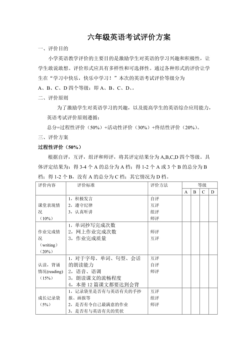 六年级英语考试评价方案.doc_第1页