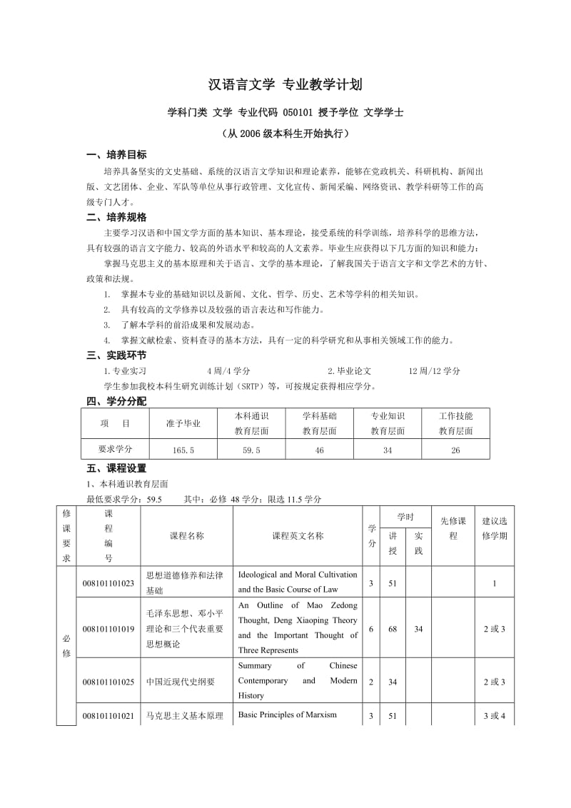 汉语言文学专业教学计划.doc_第1页