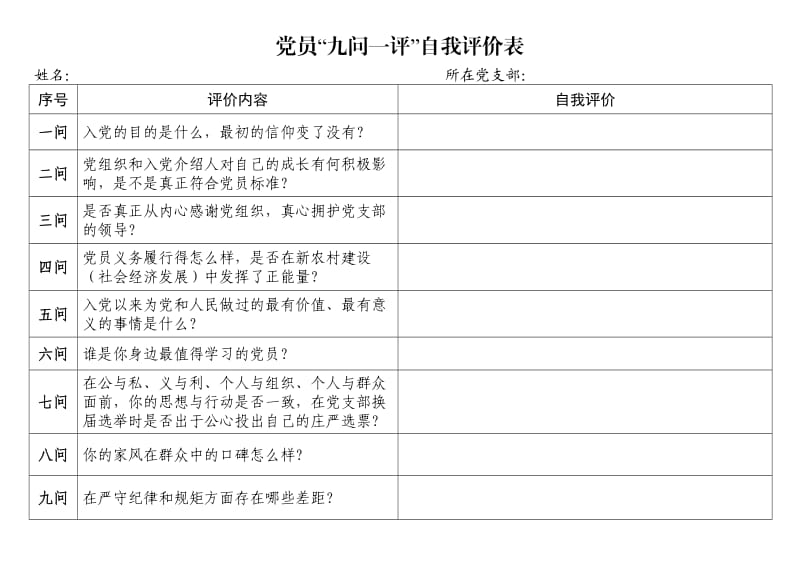 党员“九问一评”自我评价表.doc_第1页