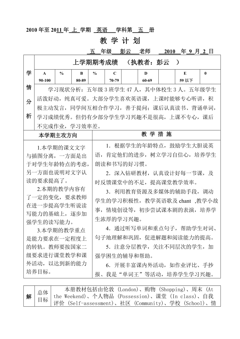 彭云2010-2011(上)英语科五年级教学计划.doc_第1页