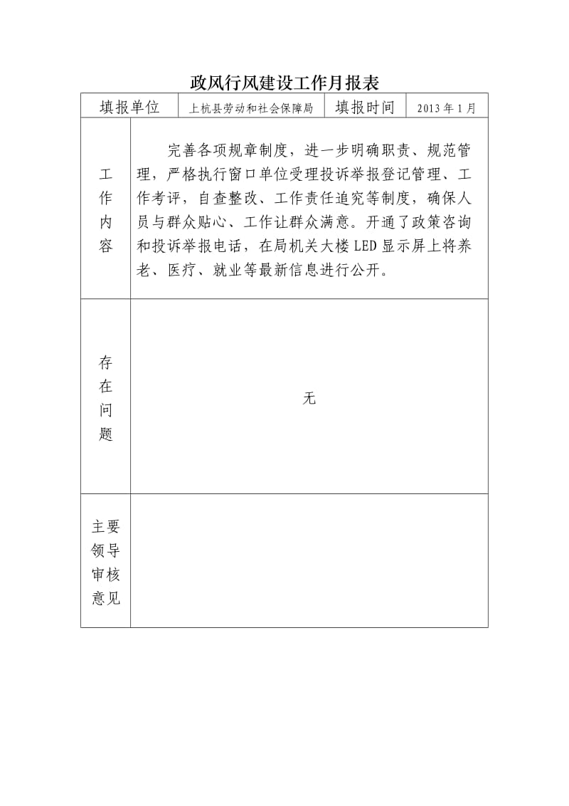 政风行风建设工作月报表.doc_第1页