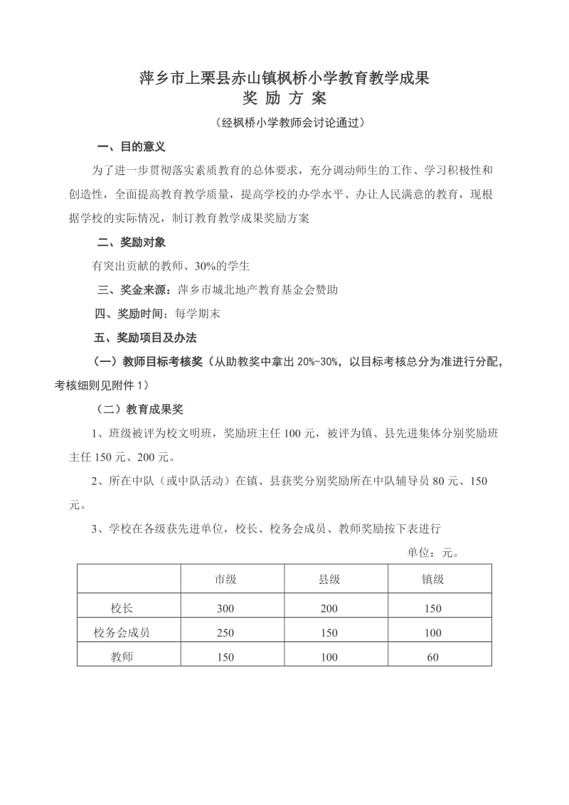 萍乡市上栗县赤山镇枫桥小学教育教学成果奖励方案.doc_第1页