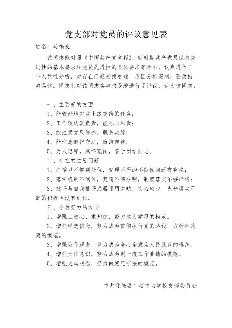 党支部对党员的评议意见表.docx_第1页