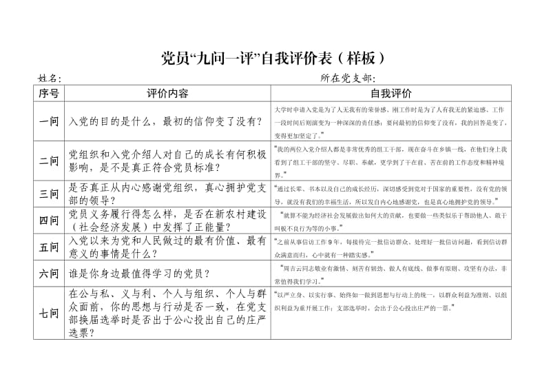 党员“九问一评”自我评价表(组织部样板).doc_第1页