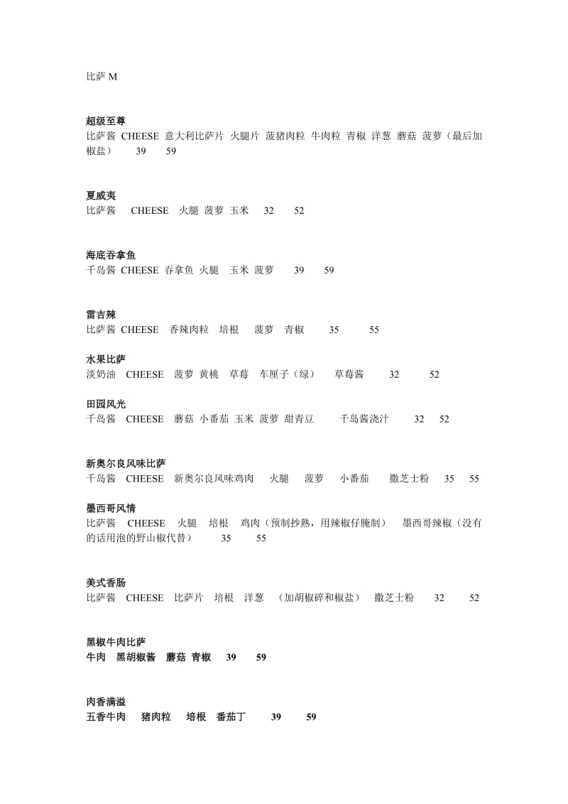 比萨美食网筹建的披萨店的菜单计划.doc_第1页