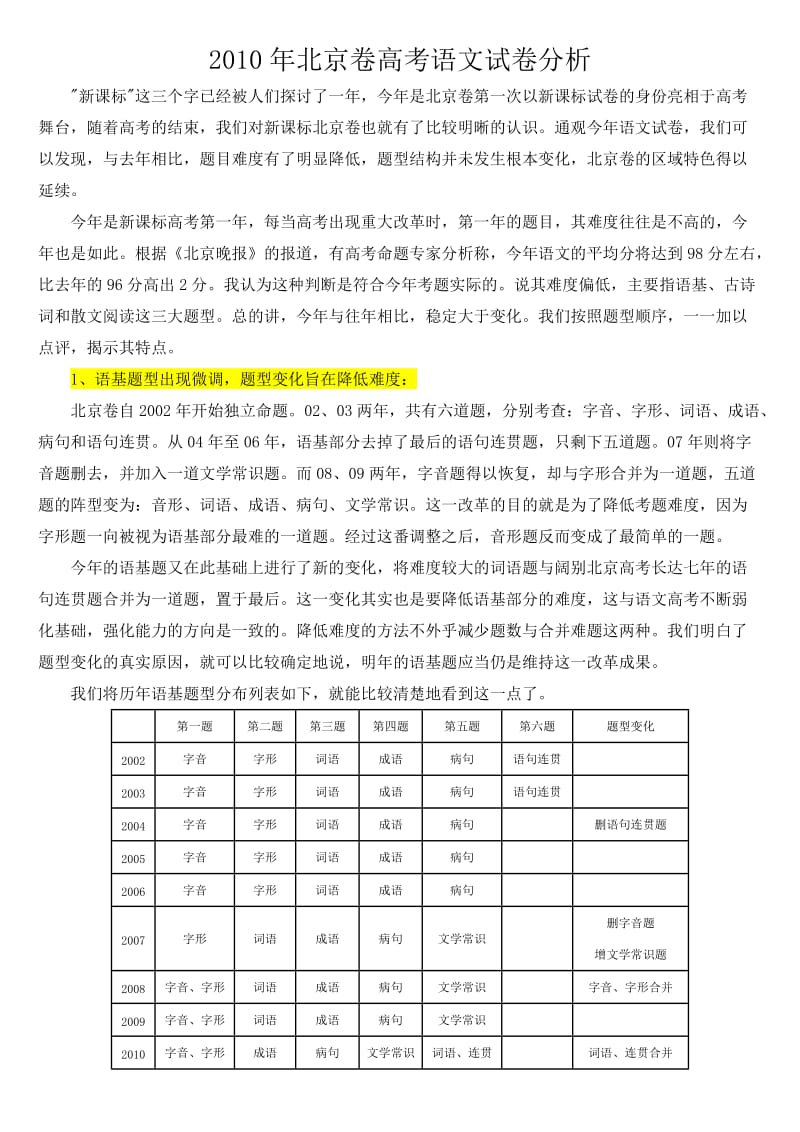 2010年北京卷高考语文试卷分析.doc_第1页