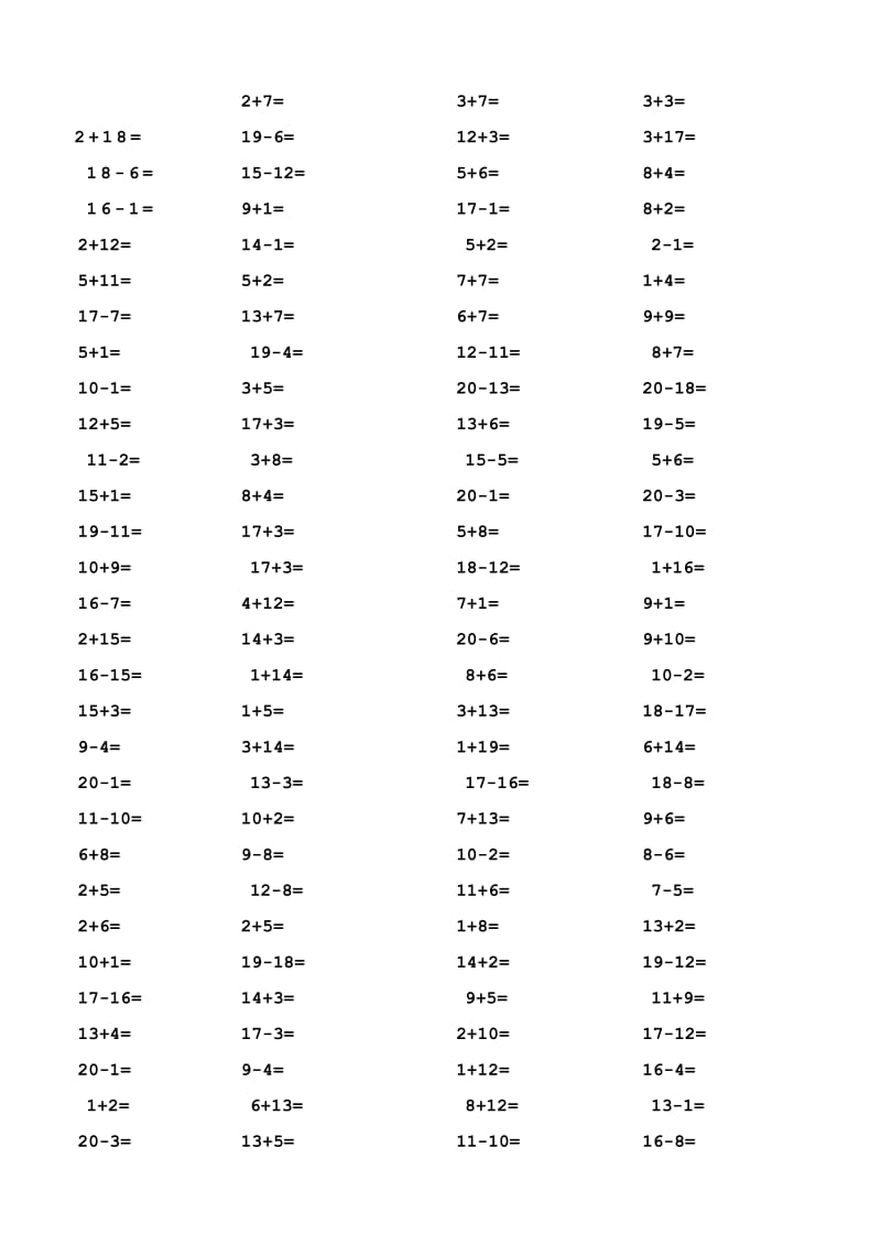 一年级20以内加减法口算题(1000道)(A4直接打印).doc_第1页