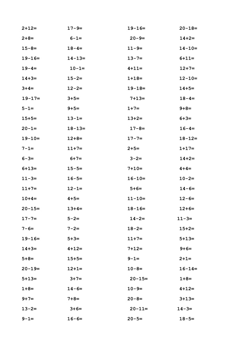 一年级20以内加减法口算题(1000道)(A4直接打印).doc_第2页