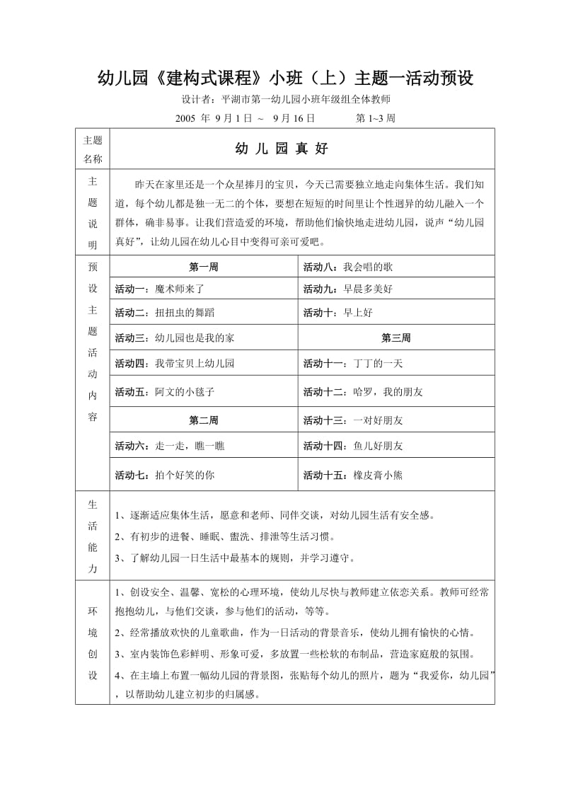 幼儿园建构式课程小班(上)主题一活动预设.doc_第1页