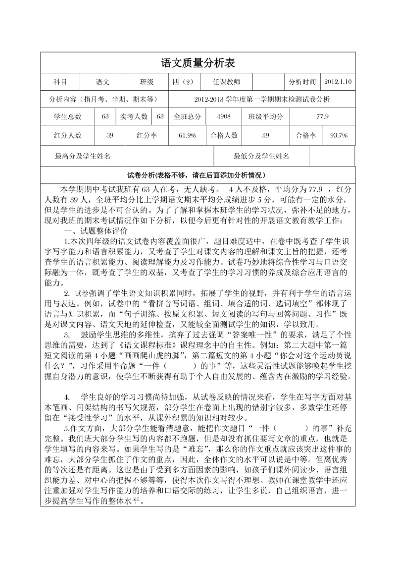 小学四年级期末考试语文质量分析表.doc_第1页