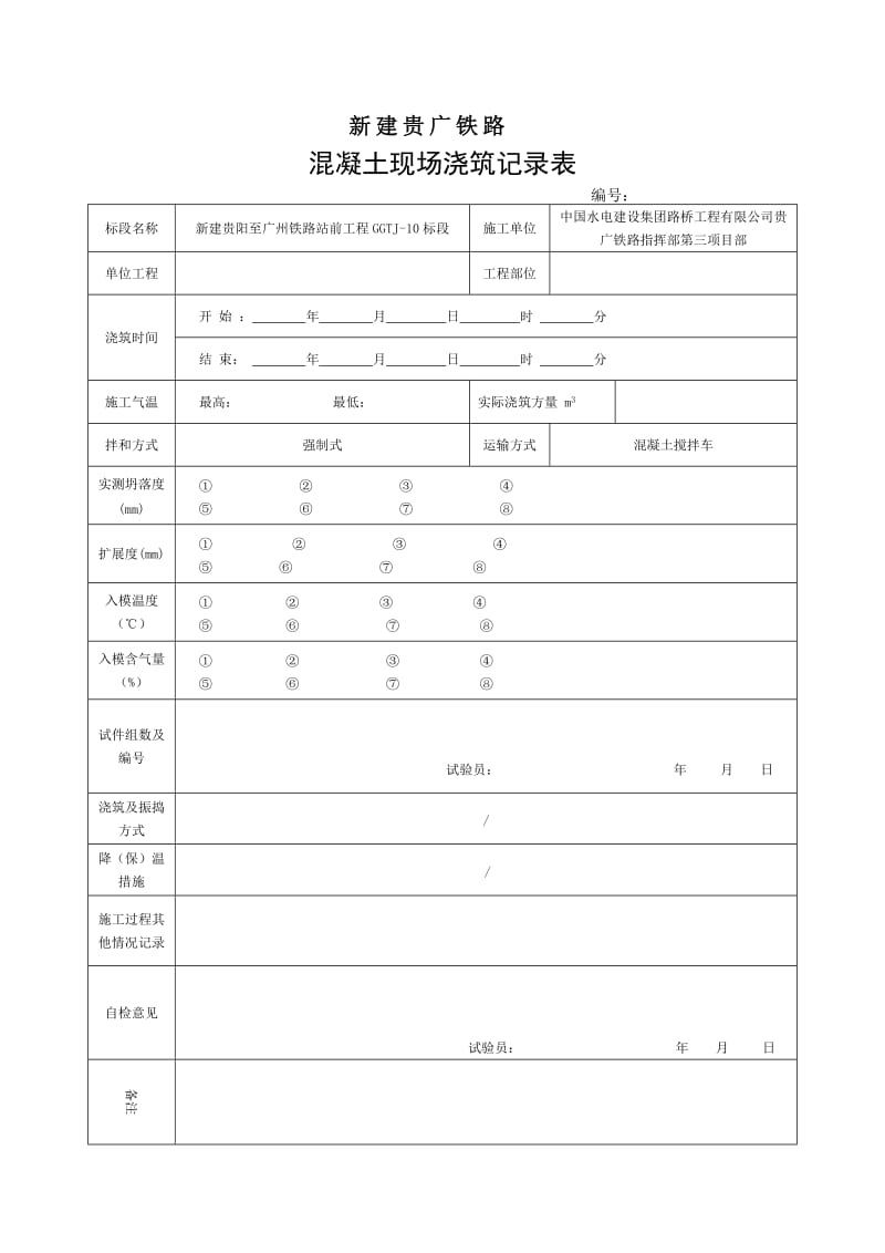 混凝土现场浇筑记录及出机性能表.doc_第1页