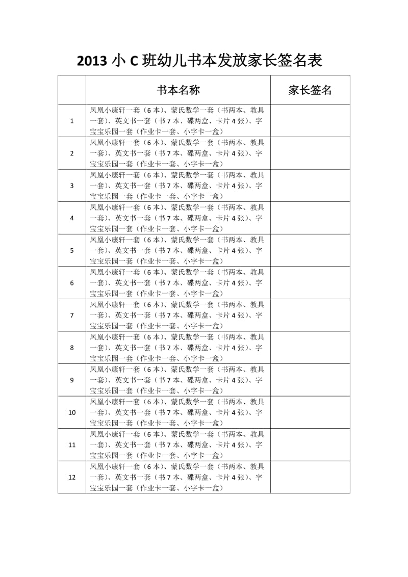 2013小C班幼儿书本发放家长签名表.doc_第1页