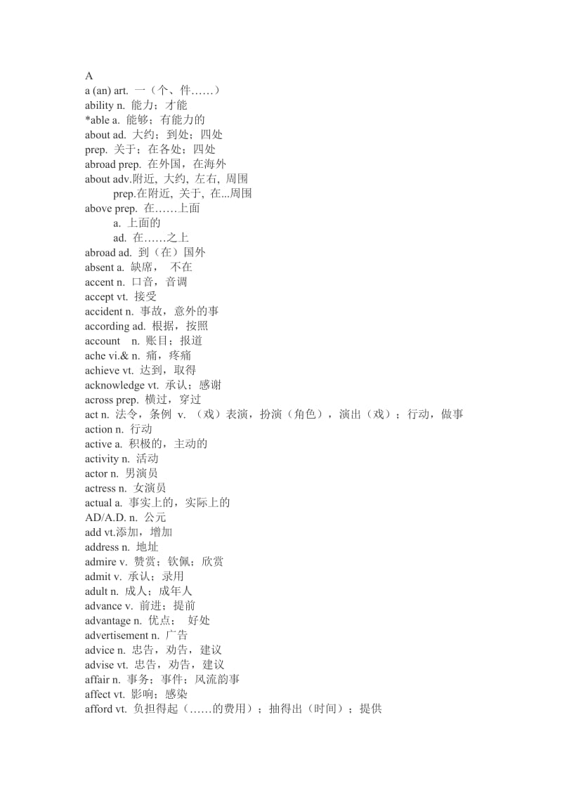 2011浙江高中英语会考词汇A-L(有中文注释).doc_第1页