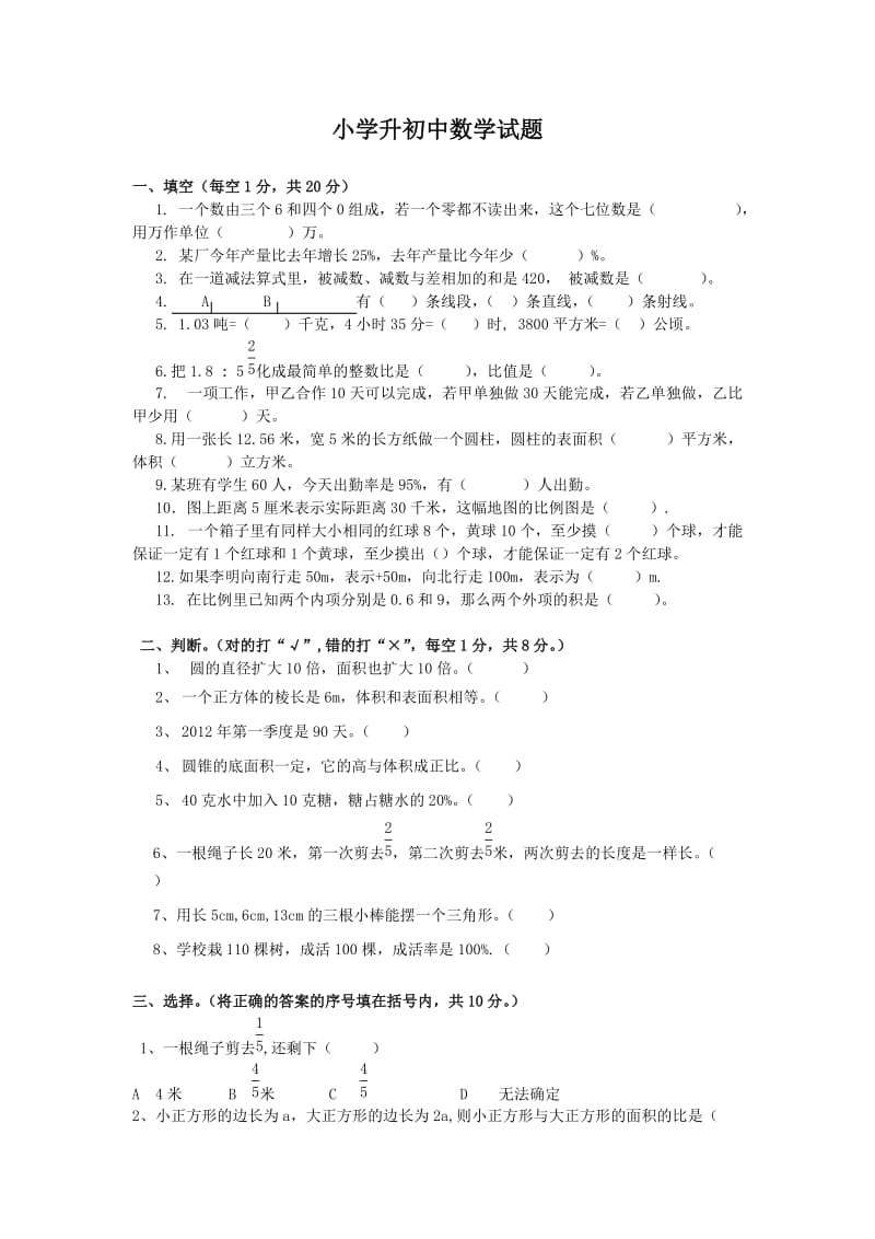 小学升初中数学试题(湘教版).doc_第1页