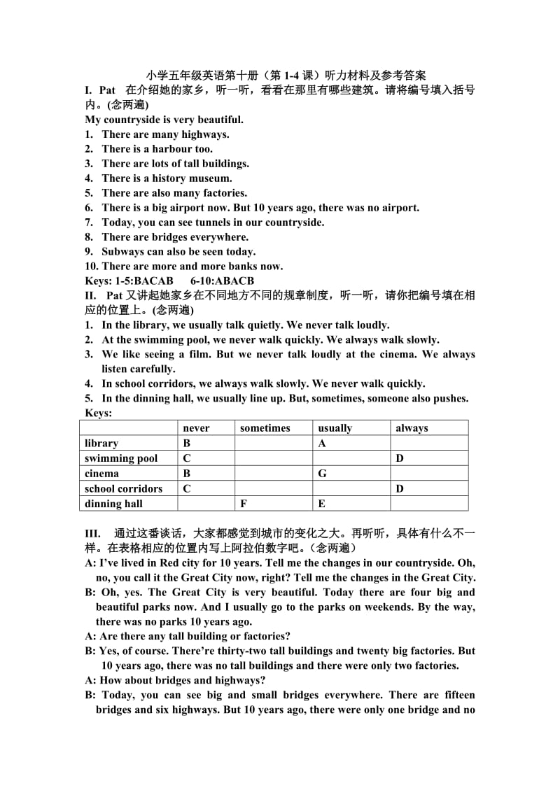 小学五年级英语第十册(第1-4课)听力材料及参考答案.doc_第1页