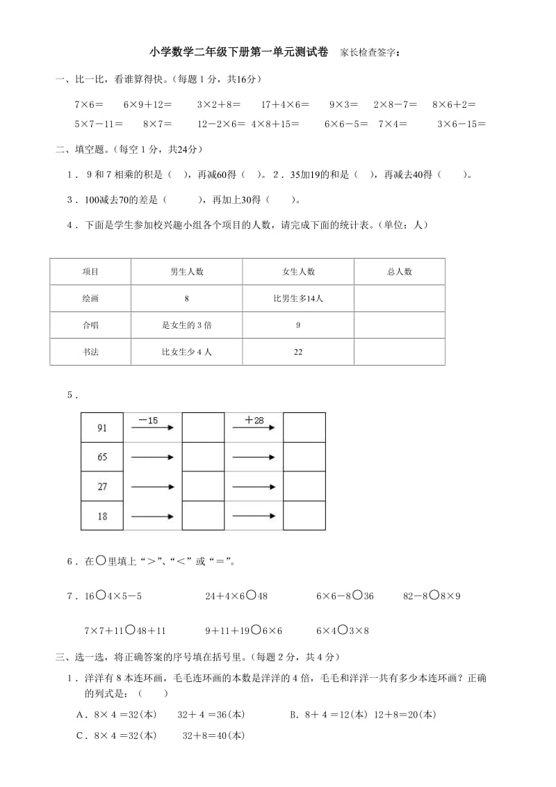 小学数学二年级下册第一单元测试卷家长检查签字.doc_第1页