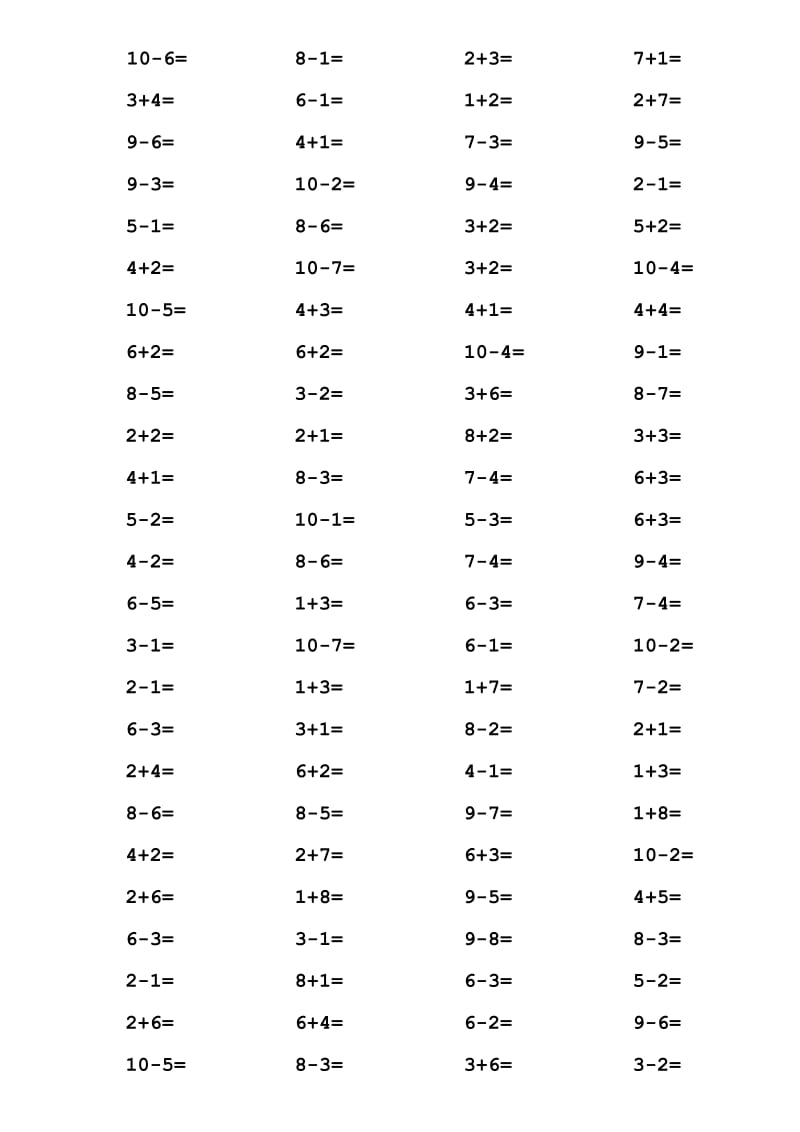 一年级10以内加减法口算题(1000道).doc_第1页