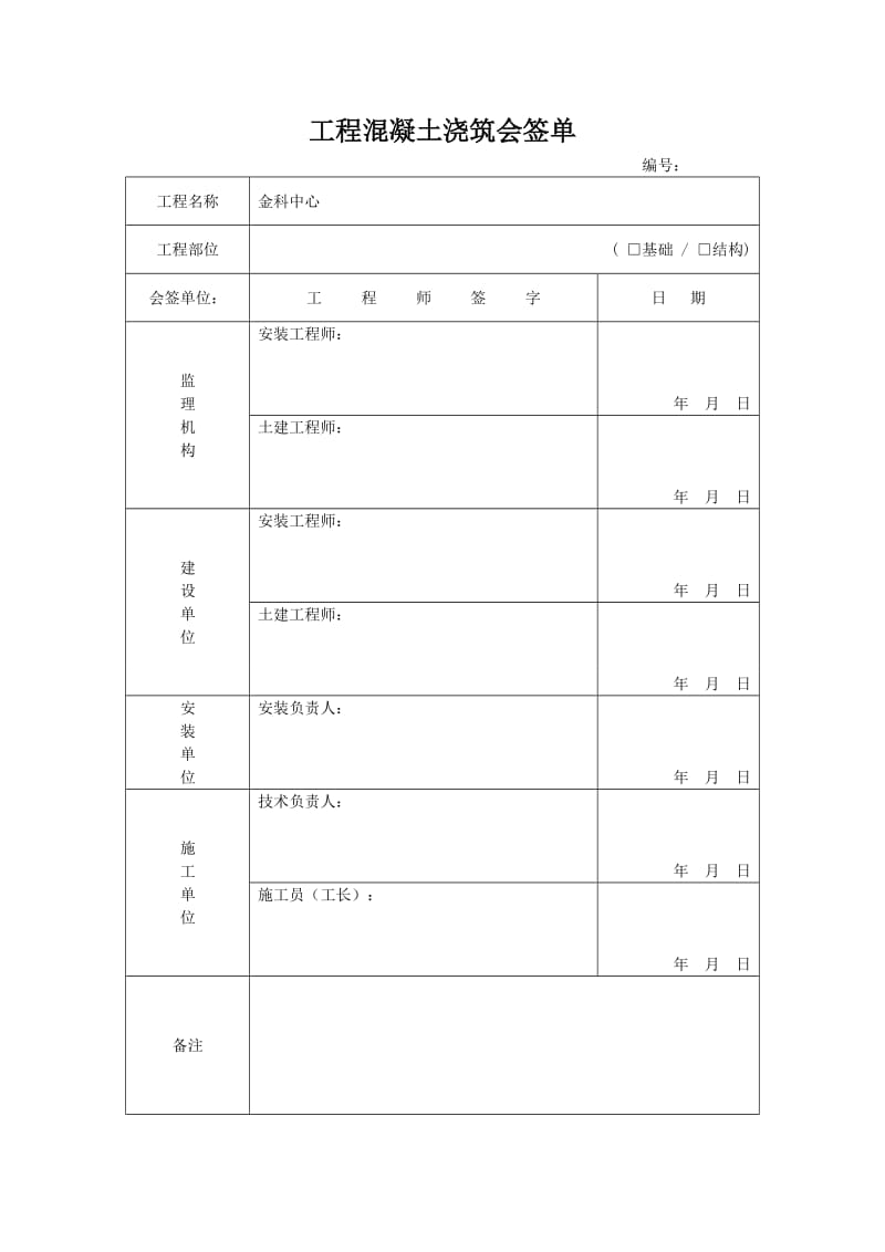 混凝土浇筑会签单.doc_第1页