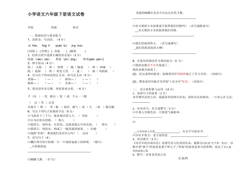 小学语文六年级下册语文试卷.doc_第1页