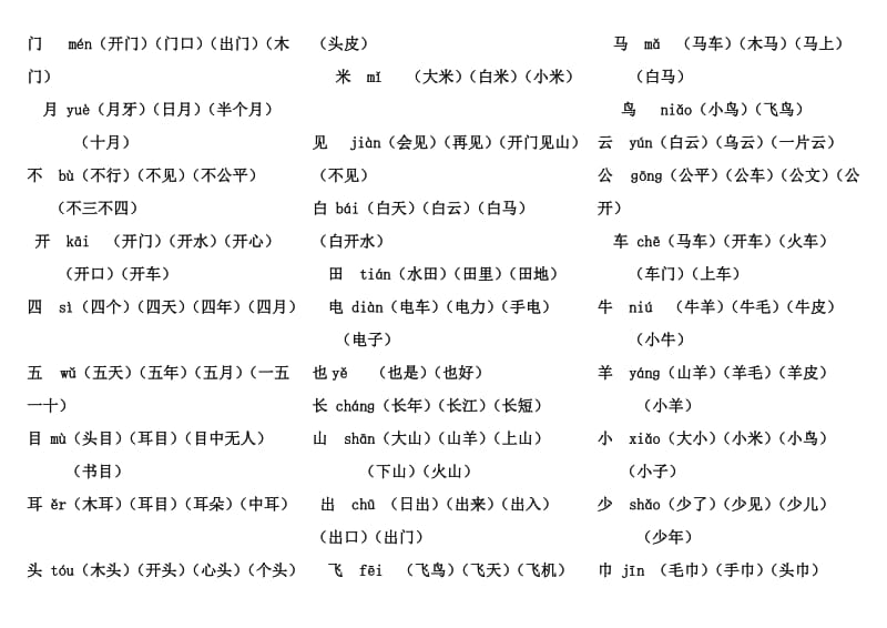 一年级上册语文生字表及词组汇总(人教).doc_第2页