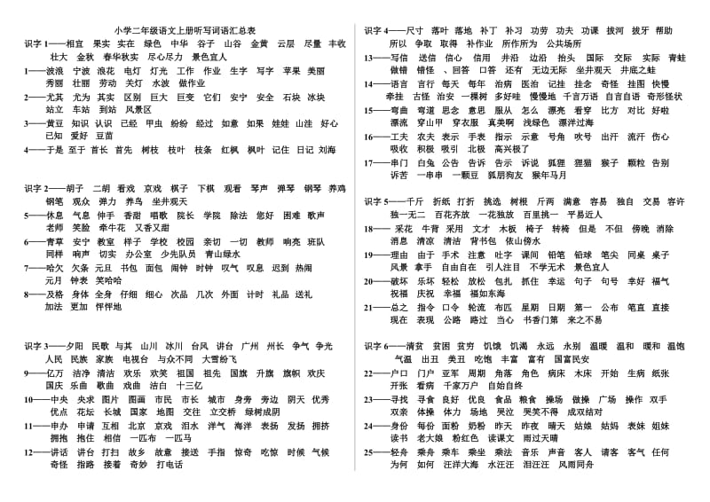 小学二年级语文上册听写认读词语汇总.doc_第1页