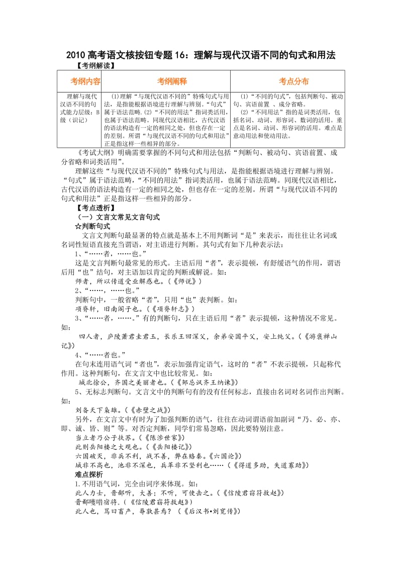2010高考语文核按钮专题16：理解与现代汉语不同的句式和用法.doc_第1页