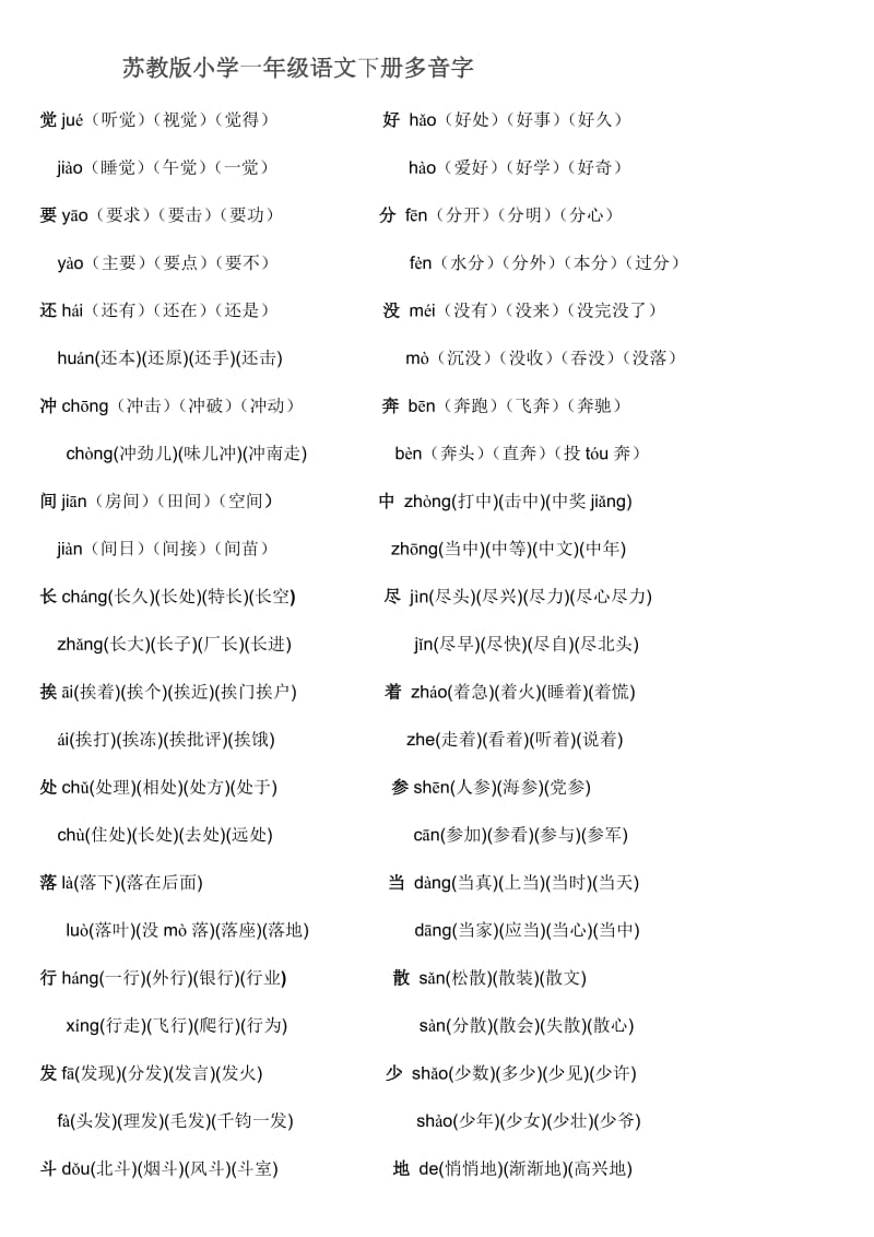 小学一年级语文下册多音字组词(JX).doc_第1页