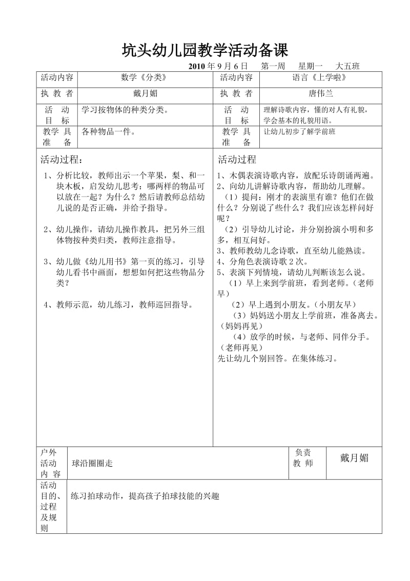 坑头幼儿园2010学年第一学期大五班备课,第1周.doc_第1页