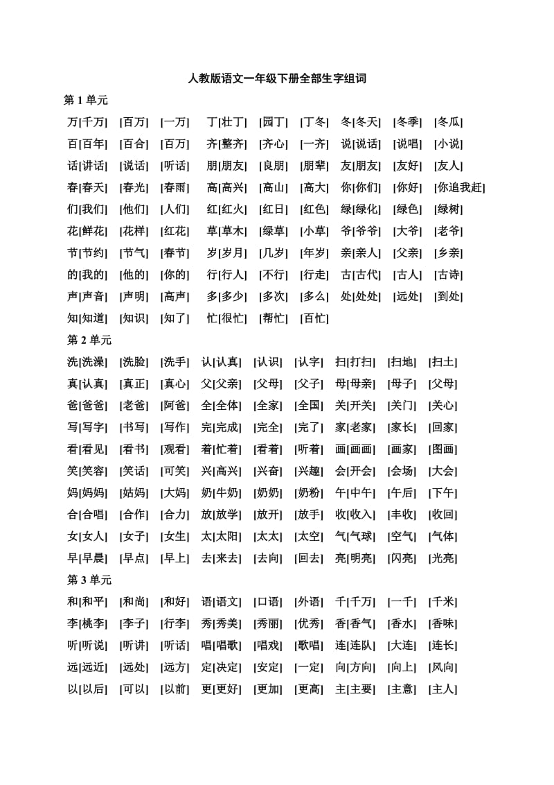 一年级下册生字表一和表二组词.doc_第1页