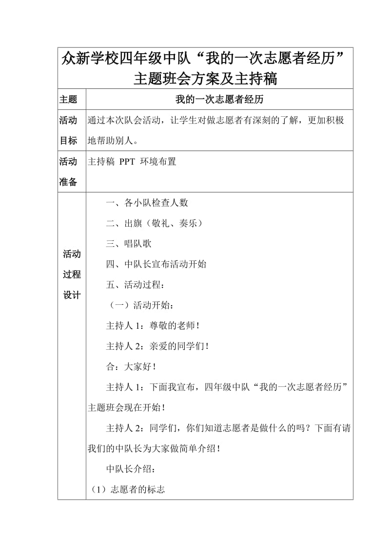 “我的一次志愿者经历”主题班会方案.doc_第1页