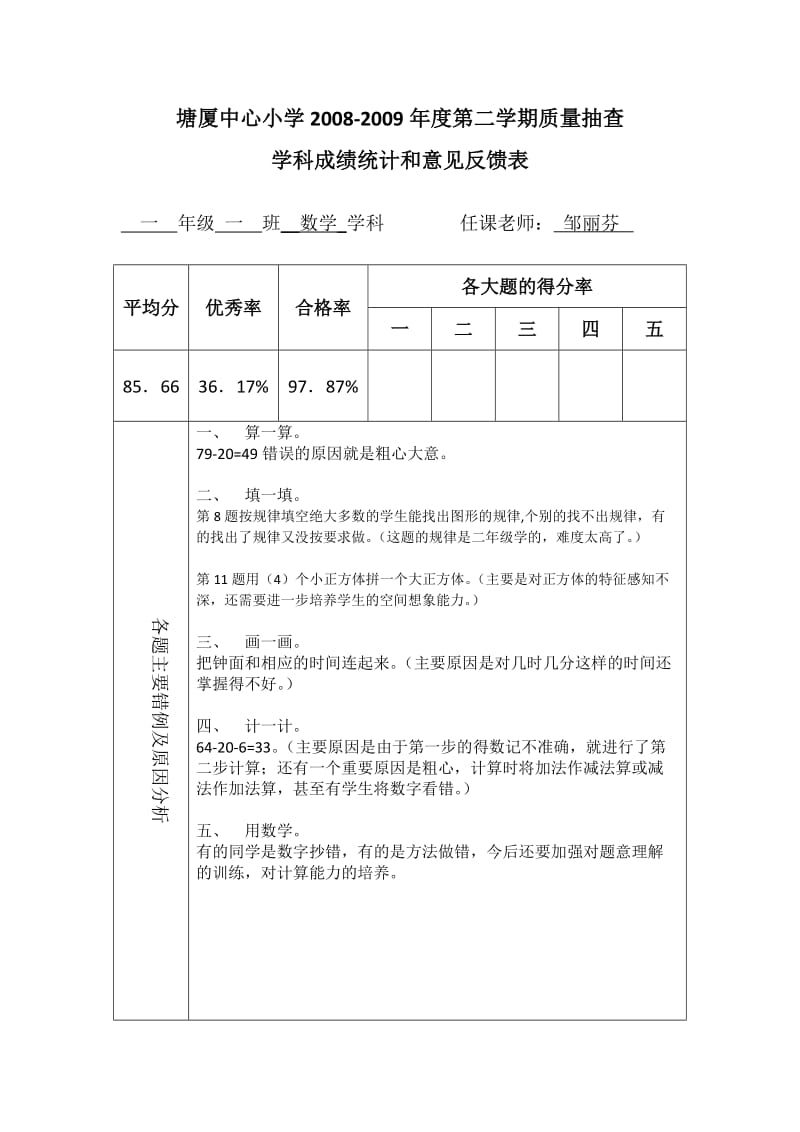 一年级第二学期数学试卷分析.doc_第1页