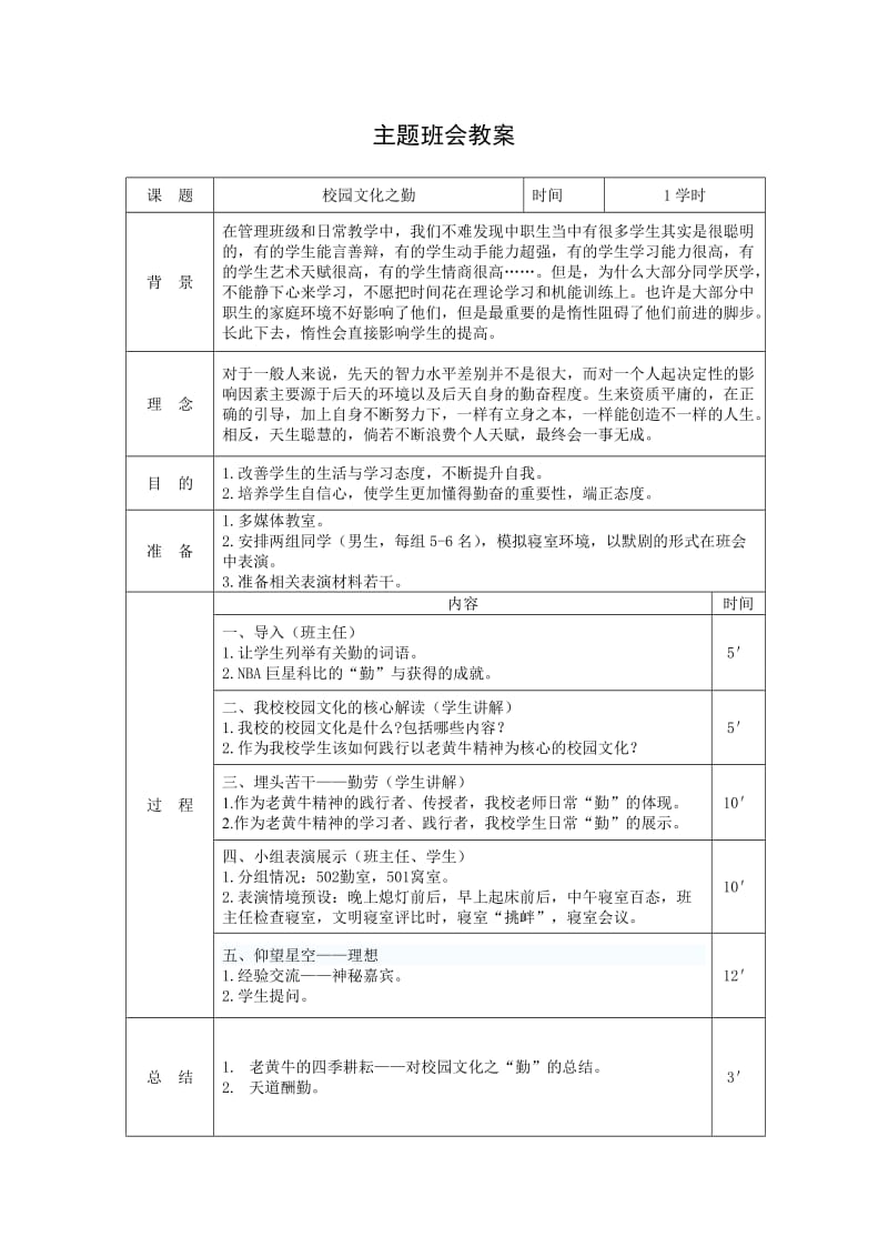 主题班会教案：校园文化之勤.doc_第1页