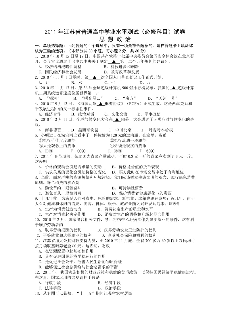 2011年江苏省普通高中学业水平测试(必修科目)1试卷.doc_第1页