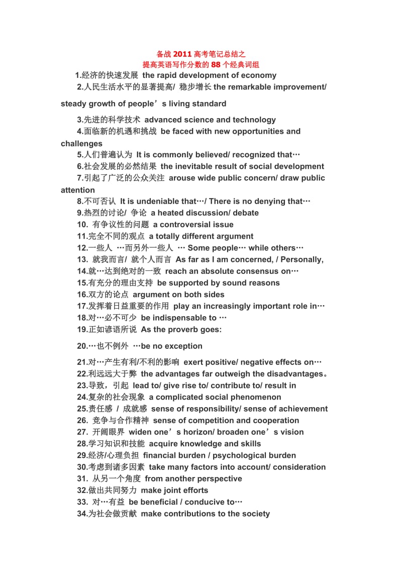 提高英语写作分数的88个经典词组2011高考.doc_第1页